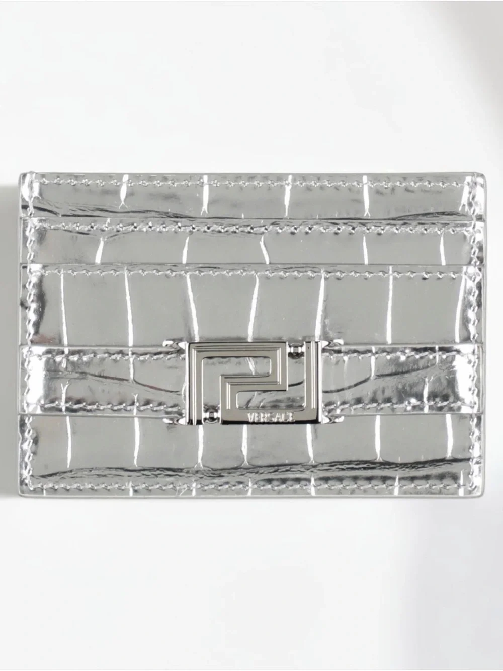 Versace Silver Croc-Embossed Greca Goddess Card Holder NWB